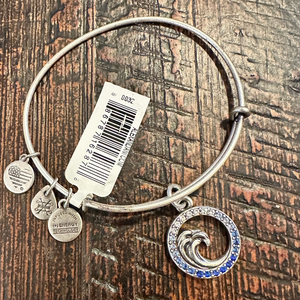 NWT Alex and Ani Silver Rhinestone Accented Wave Charm Bangle Bracelet